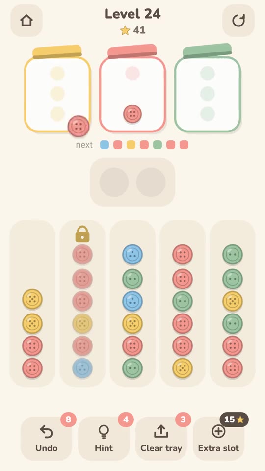 A Tray Sort level: three jars at the top, a small tray, and stacks of pastel buttons