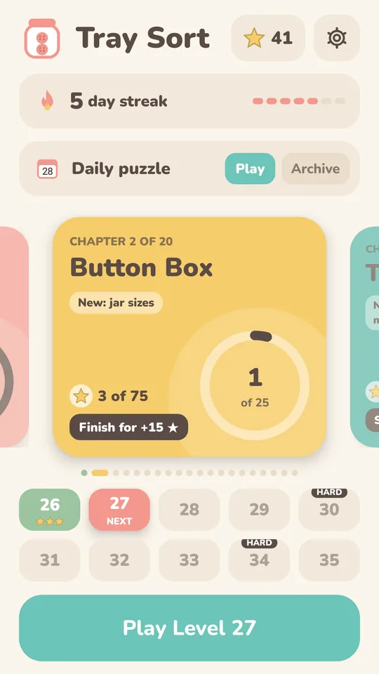 The home screen with streak, daily puzzle and chapter card