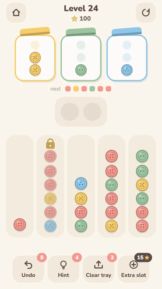 A level in the Pastel theme with jars, tray and button stacks