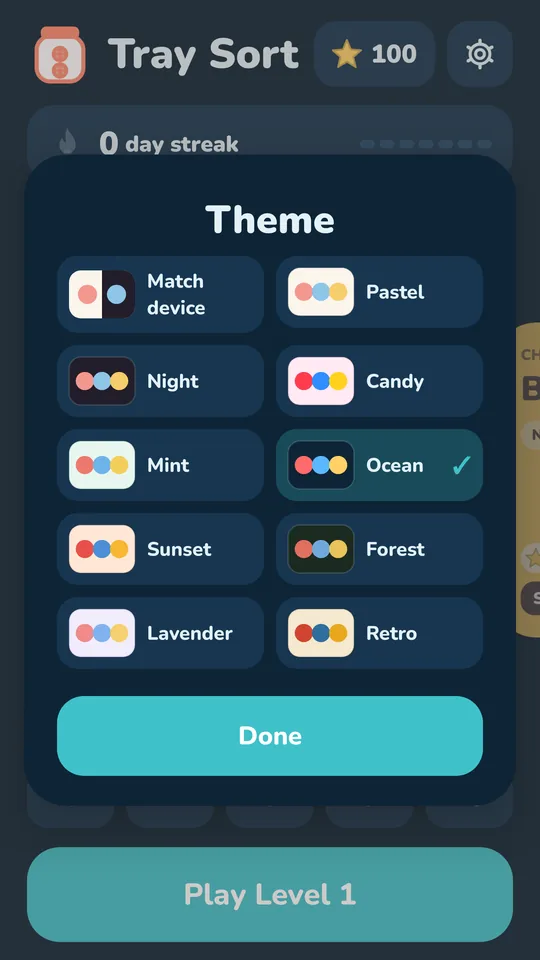 The theme picker with nine colour themes