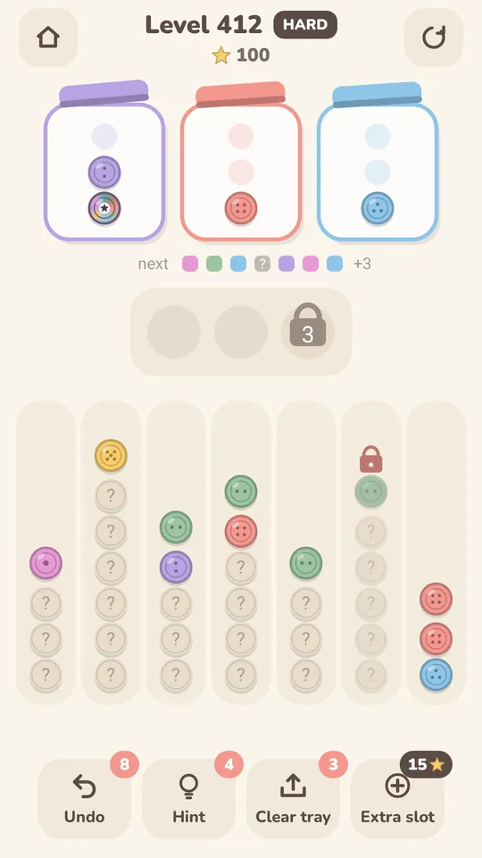 A late level with face-down buttons and a locked stack